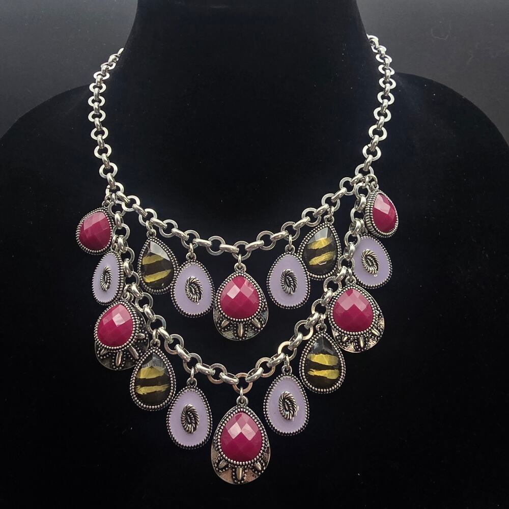 Premier Designs Violet Reversible Necklace Purple Silver Tone Layered Bib